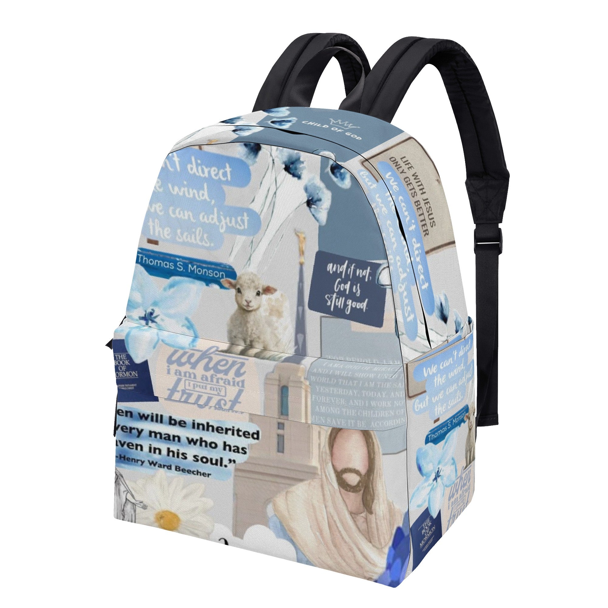 Blue Christian Collage Backpack, Inspirational Bible Verse Backpack, Trust in God School Bag, Religious Motivational Gift.PLAF42